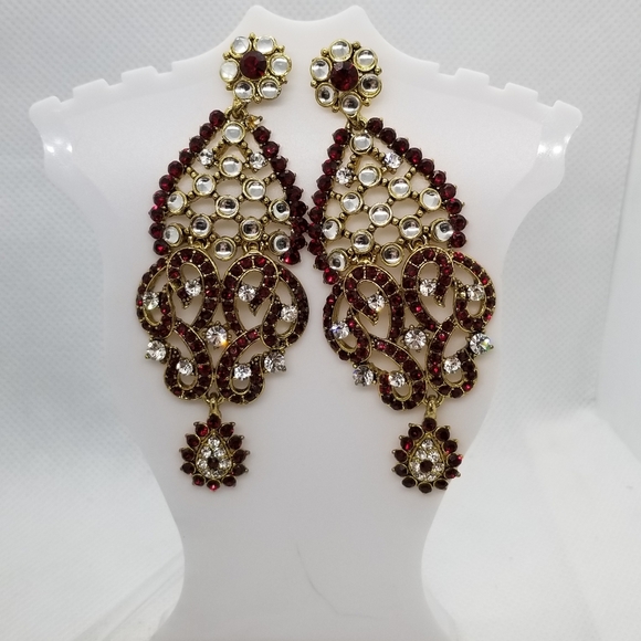 Beautiful Chandelier Ruby & Crystals Earrings - Picture 3 of 6